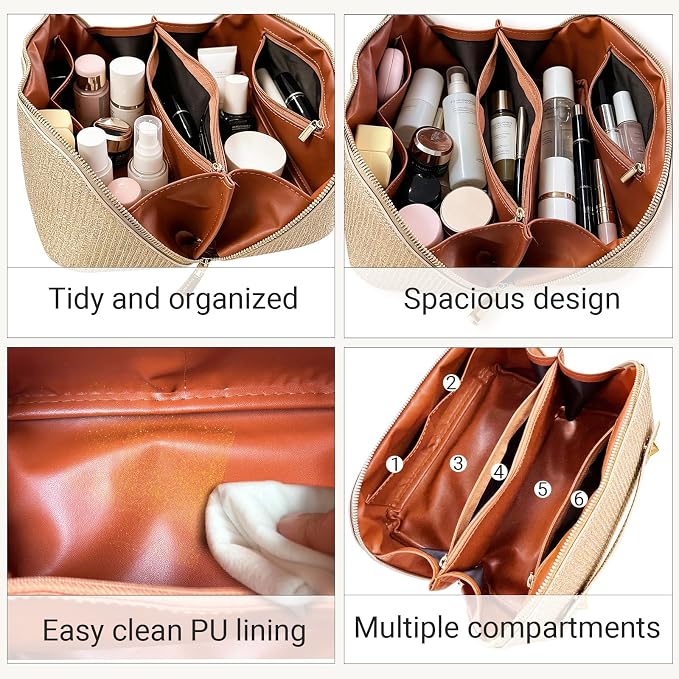 Travel Makeup Bag with Compartments & Organizers – Flat Open Cosmetic Pouch for Women, Purse-Style Design for Traveling, Perfect for Toiletries & Cosmetics(Gold)