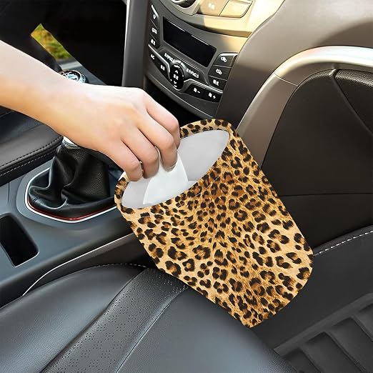 Car Garbage Bag Brown Leopard Mini Car Trash Bin Portable Collapsible Waterproof Rubbish Bag for Car Accessories Back Front Seat Cup Holder