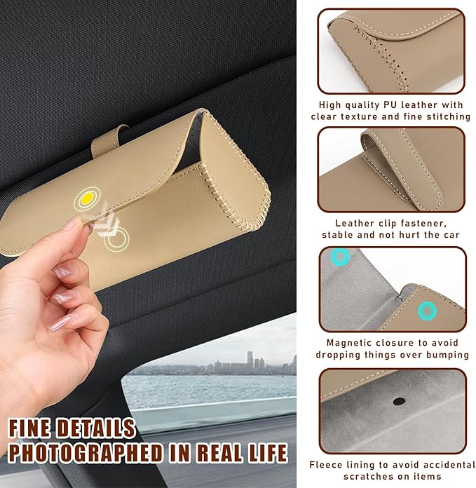 Augeny Sunglasses Holder for Car Sun Visor, Leather Auto Eyeglasses Storage Case with Hidden Magnetic Closure, Protective Glasses Organizer Box, Vehicle Visor Accessories for Woman Man (Beige)