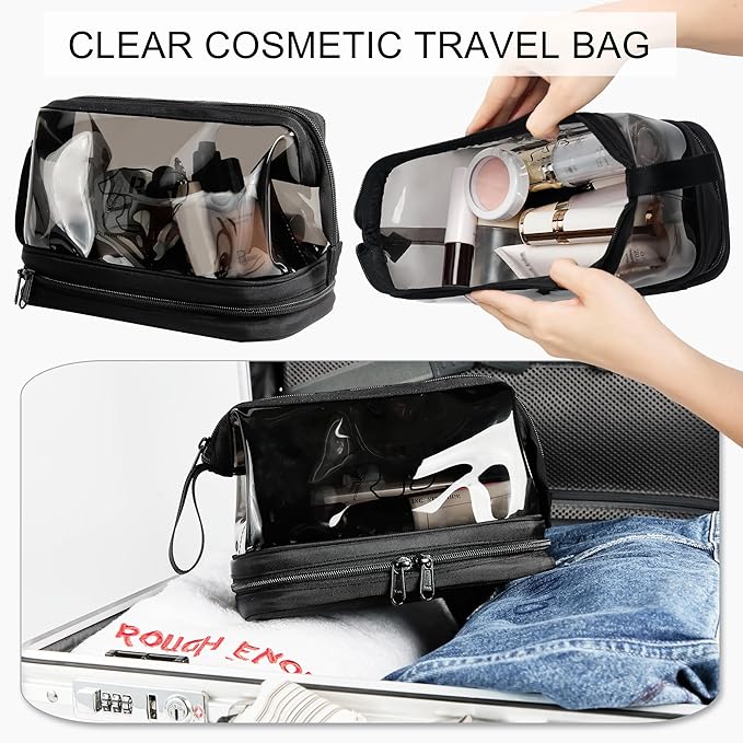 Rough Enough Clear Cosmetic Bag for Women and Men, Leakproof Travel Makeup Organizer, with Detachable Brush Pouch, Large Opening, 6.5”x5”x8.5”, Black