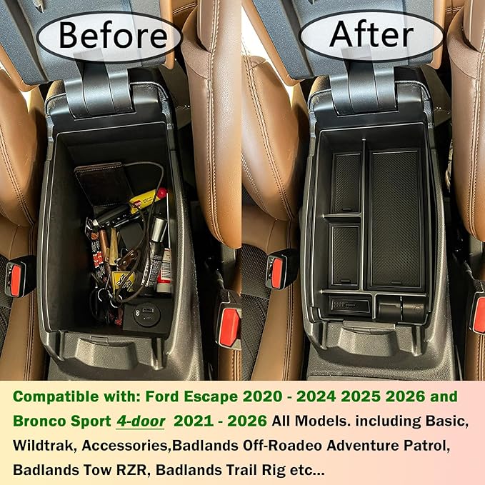 TACORBO Center Console Organizer Compatible with Ford Escape 2020-2025 2026 and 2021-2024 2025 2026 Bronco Sport Accessories, CX430 4-Door Insert Tray, Armrest Secondary Storage Box, Black Trim