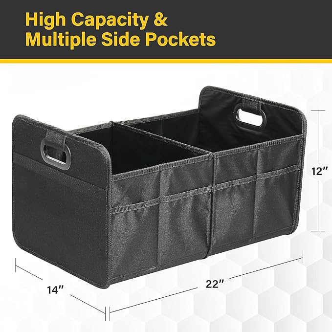YSSOA Car Trunk Organizer, Foldable 2 Compartment 50L Storage Box with 5 Pocket & Reinforced Handle, 600D Waterproof Oxford Polyester, Non-Slip Bottom, for SUV/Truck, Black