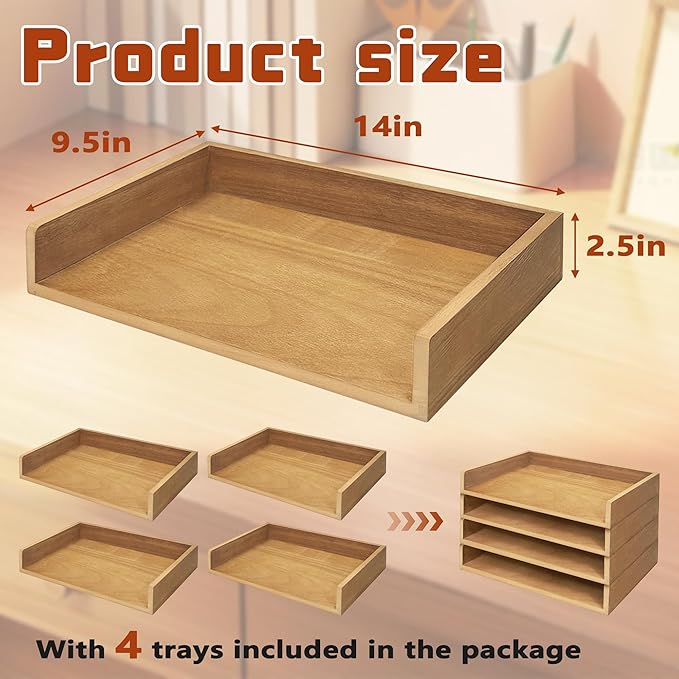 PROLEE Wooden Paper Tray Organizer for Desk, Stackable Paper Holder and Letter Tray, 4-Tier Desktop File Storage Rack for Study,Home and Office (Oak, 14" x 9.5" x 2.5")