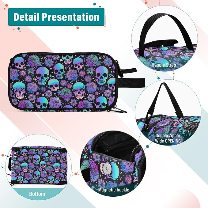 MNSRUU Travel Makeup Bag, Funny Skulls Makeup Bag - Large Capacity Cosmetic Bag Organizer, Portable Toiletry Bag for Travel Size