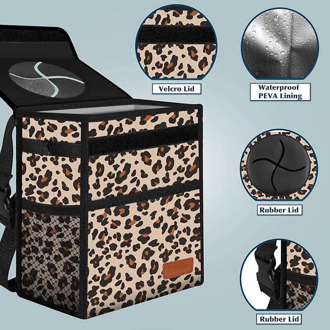 Car Trash Can with Lid Leak Proof Garbage Waterproof Bag for SUV Front Seat Multipurpose Hanging Headrest Collapsible and Portable Storage Mesh Pocket, Leopard Print