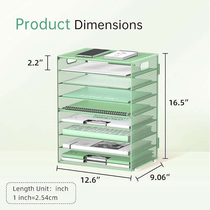DALTACK 9-Tier Paper Organizer for Desk, Mesh Letter Tray Desk Organizer with Handles, Space-Saving File Organizer for Office Home School Classroom, Mint Green