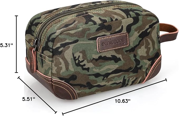 emissary Men's Canvas Travel Toiletry Bag, Leather Dopp Kit - Camo Green | Durable canvas & PU leather, water-resistant lining, side handle; roomy men's Dopp kit for travel & gym