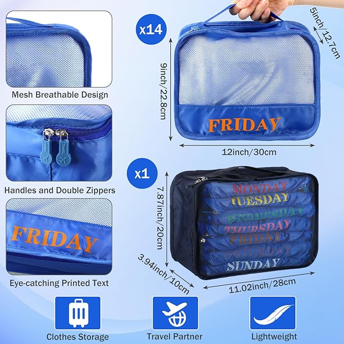 Days of Week Packing Cubes Weekly Organizer Travel Storage Bag School Clothes for Kids Summer Camp Family(9x7x3inch,Blue,15)