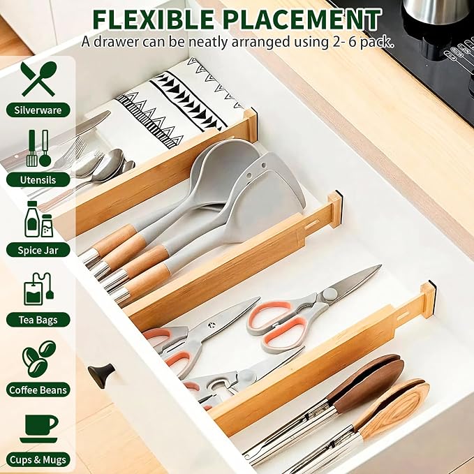 CMOOD 6 PCS Bamboo Drawer Dividers, Kitchen Drawer Dividers, 17"-22" Expandable Adjustable Bamboo Drawer Dividers Organizers for Kitchen, Clothes, Dresser, Bedroom, Home, Office, Spring Loaded