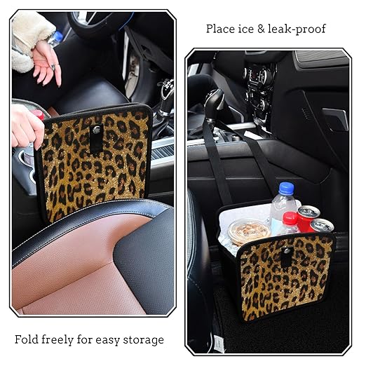 Brown Leopard Cheetah Print Car Trash Can Foldable Hanging Car Trash Bag Bin Golden Glitter Animal Skin Auto Garbage Can Leak-Proof Car Organizer(Large)