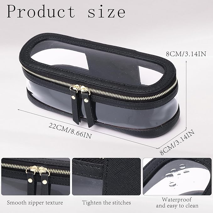 Pinkmik Makeup Brush Case Clear Travel Cosmetic & Toiletry Bag Slim Makeup Bag with Zipper Small Purse Organizer Car Essential Bag for Women (Black, SLIM L),
