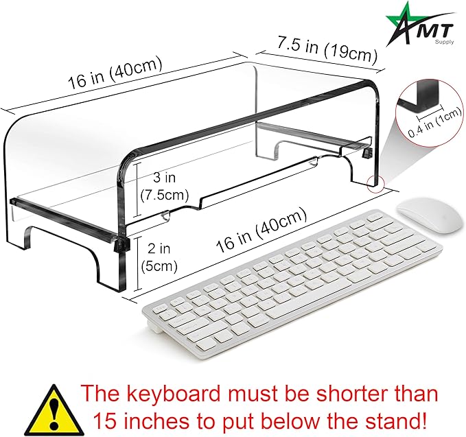 AMT 2 Tier 5.7 Inch High Acrylic Laptop Monitor Stand & Computer Riser with Cat Keyboard Protector, Space-Saving Design, Extra Storage, Clear Shelf - Ideal for Monitors, Laptops, Printers, Desktop
