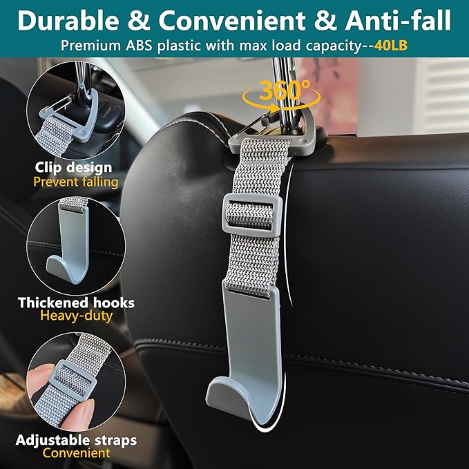 Amooca Headrest Hooks for Car Adjustable 4 Pack Vehicle Seat Back Organizer Storage Hanger Holder for Purse Bags Universal Fit with Clip Gray