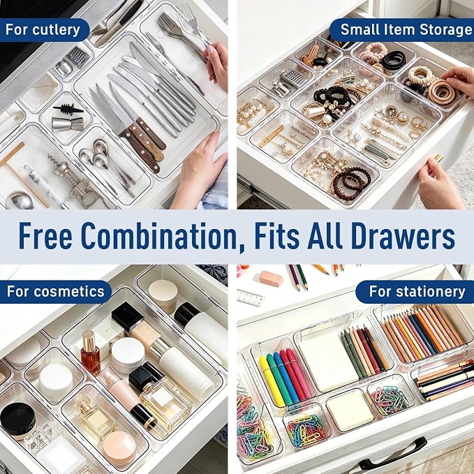 14 pcs Expandable Drawer Organizer Set, Adjustable Acrylic Drawer Dividers, 3 Sizes Storage Bins for Makeup, Vanity, Desk, Kitchen, Bathroom & Dresser Organization (4Large+4 Medium+6 Small)