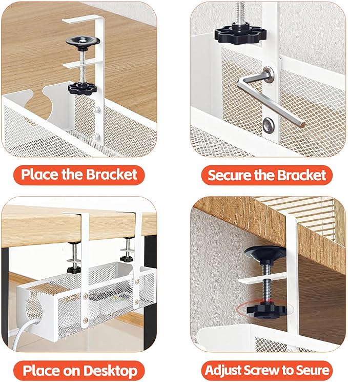 Under Desk Cable Management Tray – No Drill Metal Mesh Cord Organizer for Home Office & Standing, Adjustable Wire Organizer, Space-Saving Desk Tray (White)