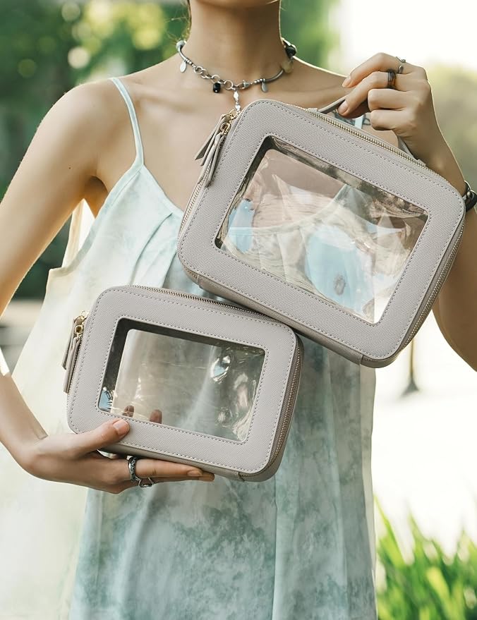Popvibe Clear Makeup Bag Travel Cosmetic Case Transparent Toiletry Bag with Zipper, Portable Make Up Organizer Traveling Compact Car Bag for Essentials, Stone, Medium and Large