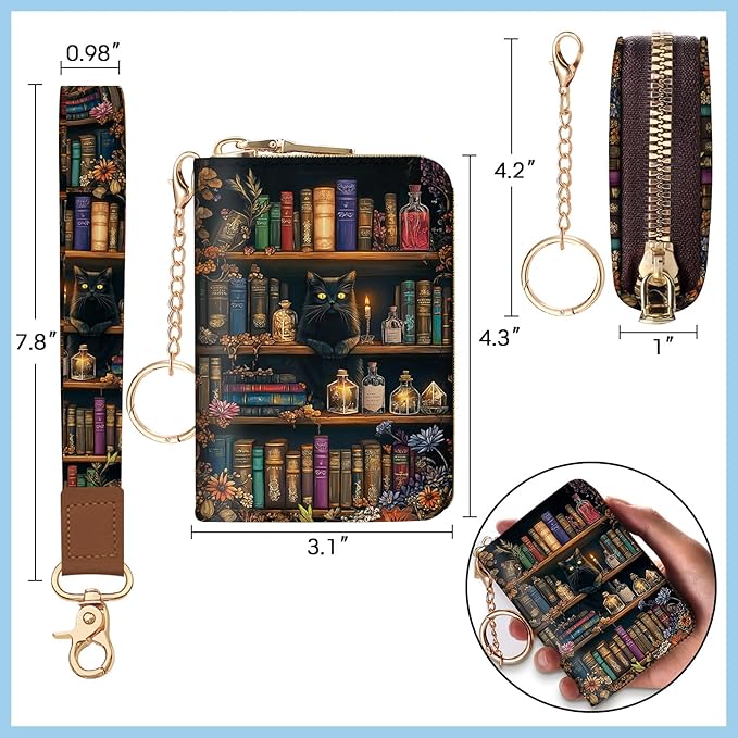 Blusabaca Credit Card Holder for Women, Bookshelf and Cat Goth Small RFID Blocking Wallet with Wristlet Strap, Gothic Zipper Keychain Leather Card Case, Accordion Card Wallet Purse with Key Lanyard
