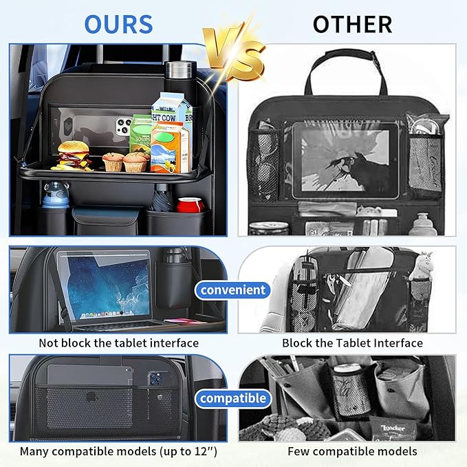 Car Seat Back Organizer with Foldable Tray, Car Seat Back Protector, Premium Leather Kick Mats, Multiple Storage Pockets, Travel Accessories for SUV Truck (Long)