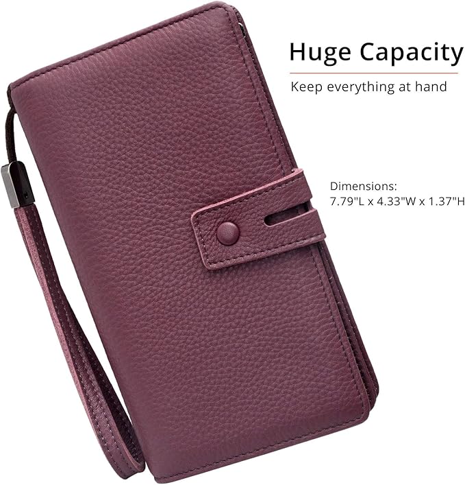 Bveyzi Women's Big Fat Rfid Leather Wristlet Wallet Organizer Large Phone Checkbook Holder with Zipper Pocket (Purple)