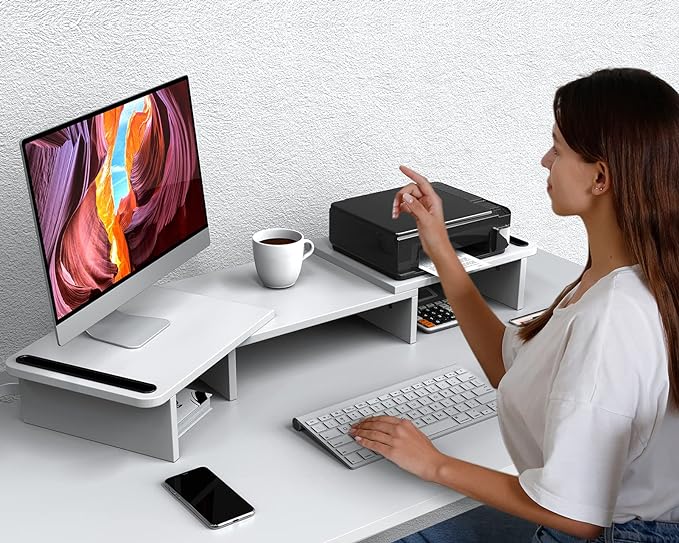 Zimilar Dual Monitor Stand Riser, Monitor Stand with Adjustable Length and Angle, Wood Monitor Stand for Desk, Monitor Riser for 2 Monitors with Storage Space