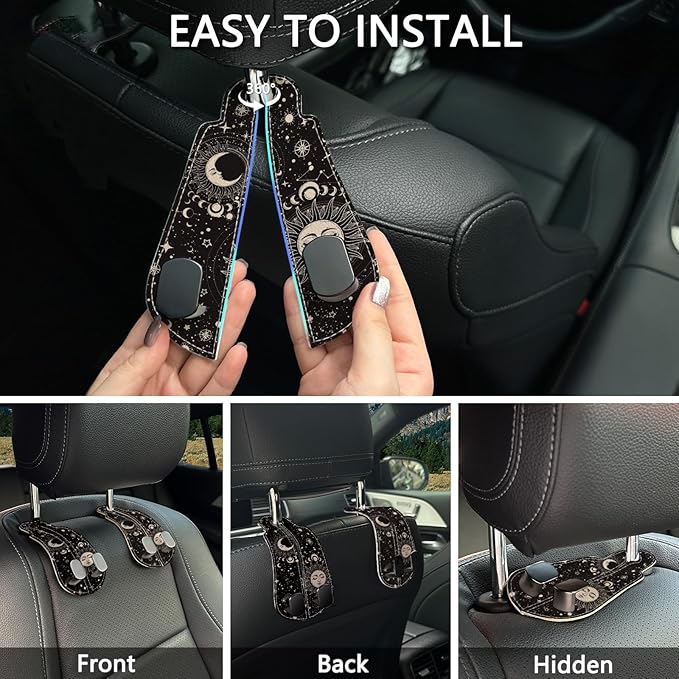 Blusabaca 2PCS Car Seat Back Storage Headrest Hooks, Sun and Moon Purse Holder Bags Hanger, PU Leather Double Metal Hook for Backseat Organizer, Women Car Accessories Organization