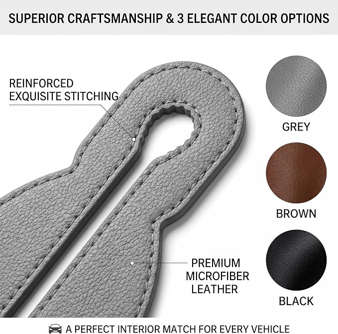 2 Pack Leather Car Seat Back Double Hooks - Heavy Duty Metal Core Headrest Hangers for Purses, Bags & Groceries - Anti-Drop & Scratch-Free Auto Interior Organizer Holder (Grey)