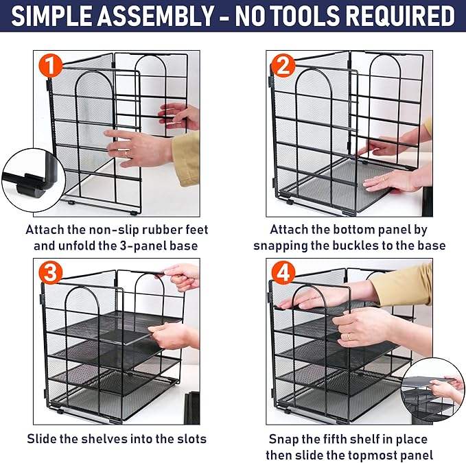 Desk Organizer Tray, Letter Tray in Black Metal Mesh for Organizing Files, Papers, Bills, Folders, Letters, and Binders. Desktop Paper Rack for Home, Office, or School (5 Tier - New)