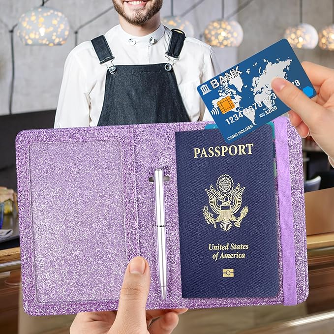 ACdream Unisex Faux Leather Passport and Vaccine Card Holder, Glitter Purple, RFID Blocking, Protects Valuable Information