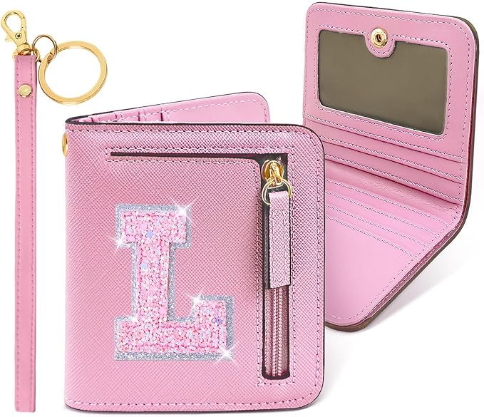 COSHAYSOO Small Wallet RFID Mini Bifold Travel Purse with Initial Letter Slim Thin Compact Pocket Minimalist Wallet Birthday Easter Gifts for Girls Friend Women Pink L