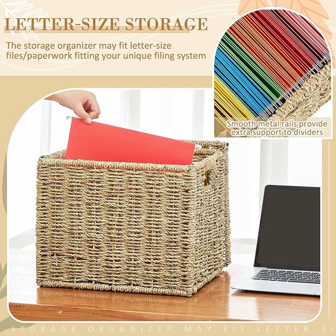 Marspark Seagrass File Box Organizers Decorative File Baskets for Hanging Folders Filing Cabinet with Lid Collapsible Letter Size Document Storage Box for Home Office Decor, Natural