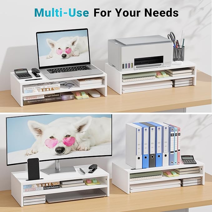 BONTEC Wood Monitor Stand Riser, 2-Tier Desktop Organizer with Storage, Ergonomic Computer Stand for Desk, Cable Management, Cellphone Holder, 21.3 Inch Shelf, White