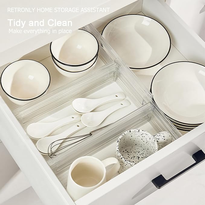 Expandable Clear Drawer Dividers - 3.1'' Height, 11-19'' Adjustable Drawer Separators, Expandable Dresser Organizers in Bedroom, Bathroom, Closet, Clothing, Office, Kitchen Storage
