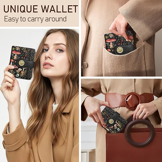 Kelvoris Mushroom Moon Night Small Rfid Women Wallet Bifold Zipper Coin Pocket PU Leather Compact Cash Credit Card Holder Travel Wallet for Female Ladies Teen Girls 1 ID Window 10 Card Slots
