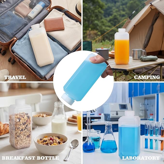 DEMORA 8oz Small Square Plastic Travel Bottles, Reusable Leak Proof Liquid Containers with Caps and Stickers for Pill, Water, Juice (Translucent, 6 Pcs)