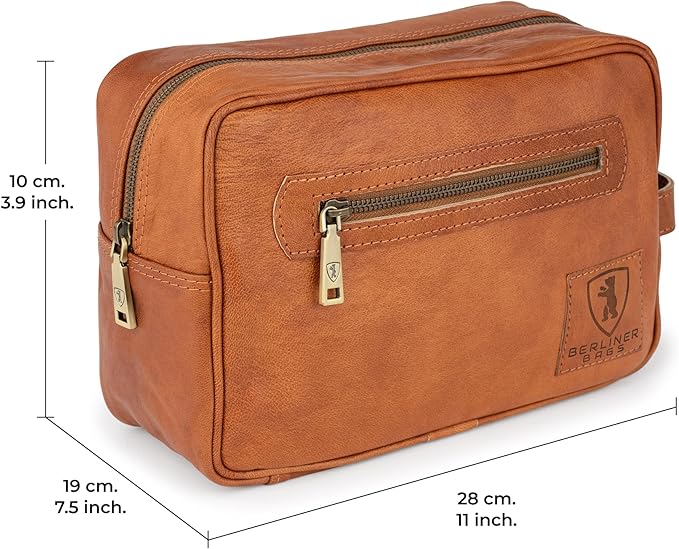 BERLINER BAGS Vintage Genuine Leather Toiletry Bag Paul, Large Capacity Cosmetics Bag for Men and Women for Travel - Brown (1 Compartment)