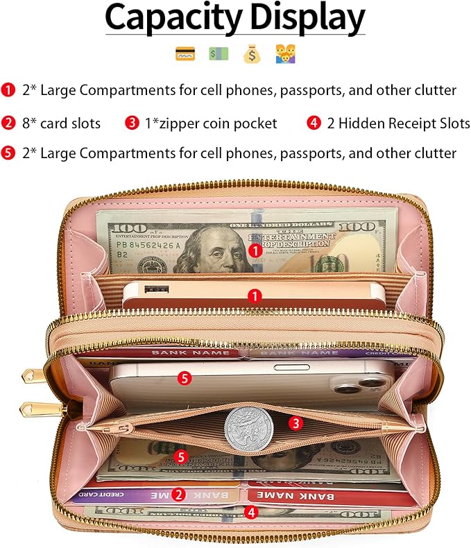 RNIEGA Wallet for Women Clutch Double Zip Around Credit Card Holder Leather Women's Wallet Large Capacity