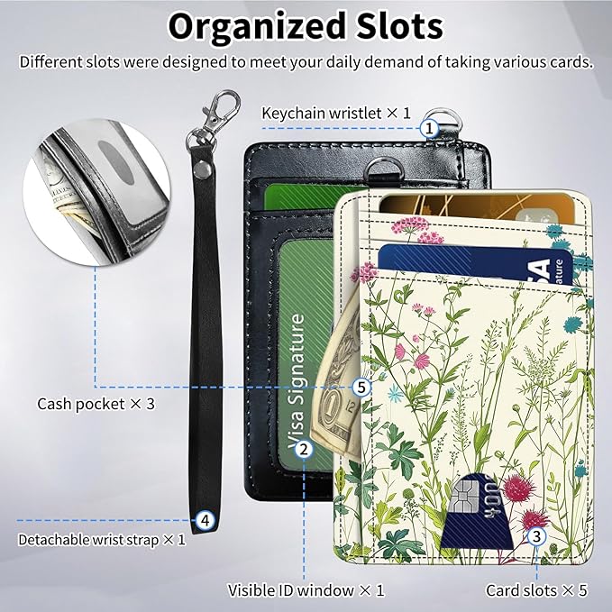 Slim Minimalist Front Pocket Wallet,Credit Card Holder Wallet for Women Men,RFID Blocking Credit Card Holder Case Leather Cute Small Thin Wallet ID Window&Wrist Strap,Flower Floral Plant