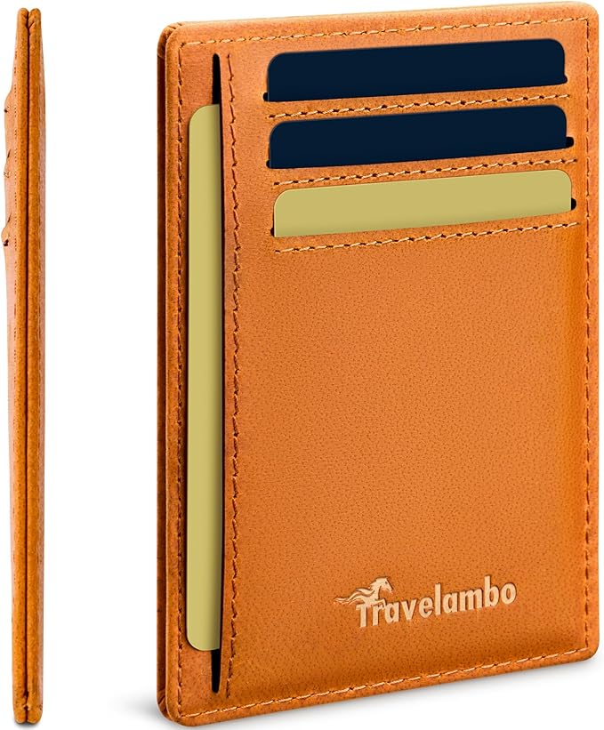 Travelambo 100% Genuine Leather Wallet for Men and Women, Slim Minimalist RFID Blocking Front Pocket Credit Card Holder with Gift Box(Brown 02)