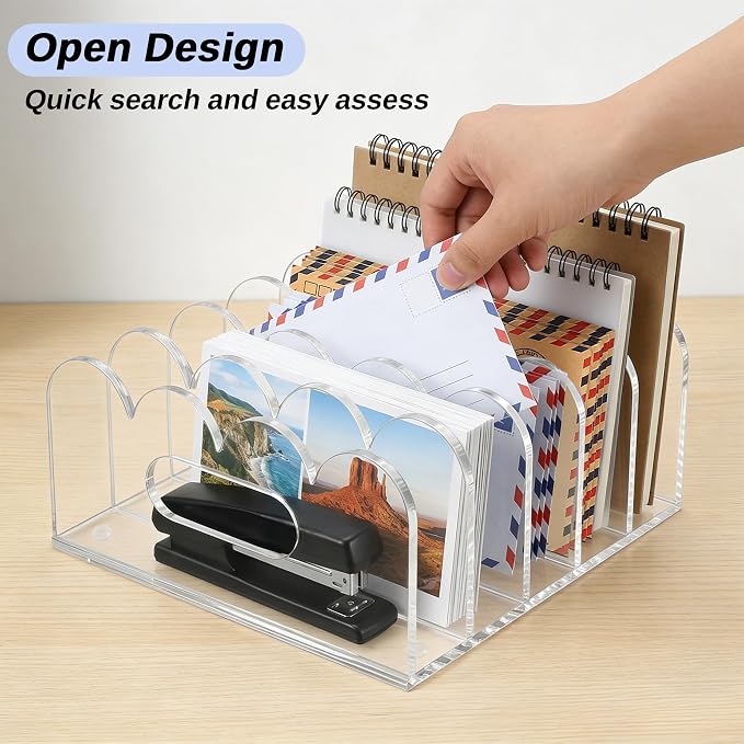5-Compartments Acrylic Mail Organizer for Desktop, Scalloped Mail Sorter Organizer, Space Saving Acrylic File Organizer for Letter File Bills, Clear
