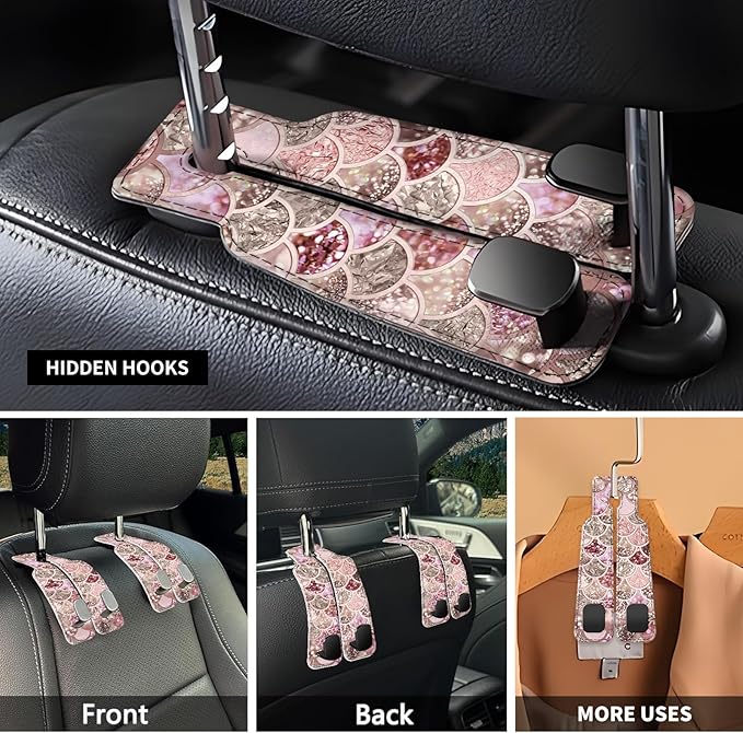 Car Seat Headrest Hook, Universal Leather Cute Hanger Holder Hook, Storage Organizer Interior Accessories for Purse Bags Handbag Glitter Colorful Shells
