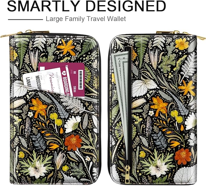 Family Passport Holder Wallet RFID Blocking Document Organizer PU Leather Mulit-purpose Travel Wallet Credit Cards Case for Women Men, Dried Flowers