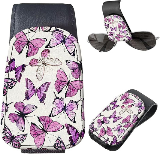 Sunglasses Holder for Car Visor, PU Leather Glasses Clip Organizer, Cute Magnetic Eyeglass Holder for Vehicle Sun Visor, Car Interior Accessory for Women & Men Pink Purple Butterflies