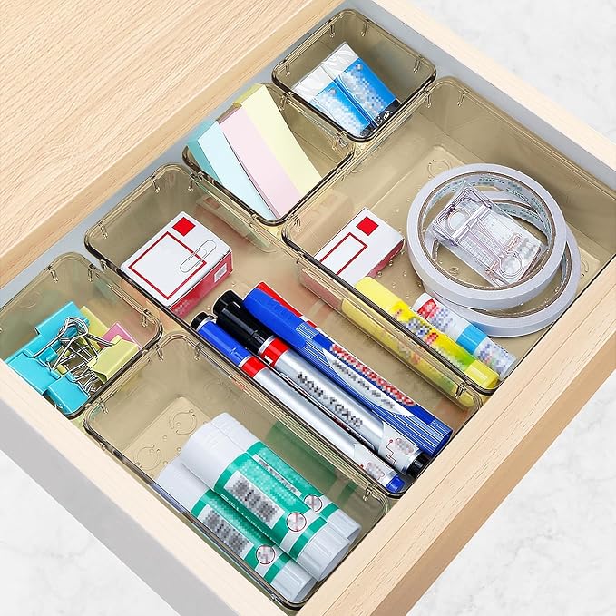 13 PCS Drawer Organizer Set, 5 Varied Size Bathroom and kitchen Drawer cabinet organizer Trays, Clear Storage Bins for Makeup, Jewelry, Utensils and Gadgets, Champagne