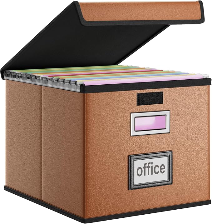 Faux Leather File Organizer Box with Lid, Collapsible Hanging File Folder Box Organizer with Plastic Slides, Decorative Home/Office Filing System Boxes for File and Folder Storage