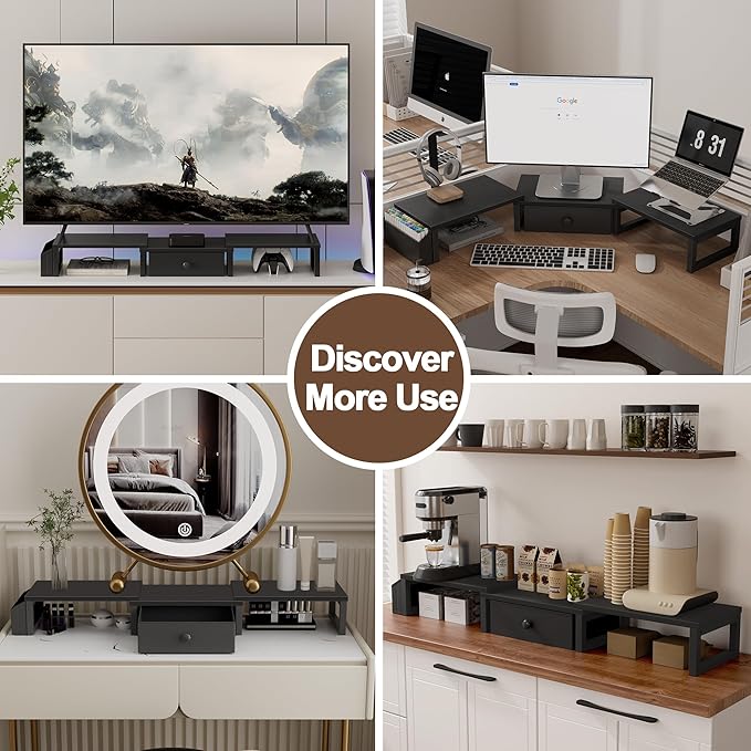 LAND·VOI Dual Monitor Stand with Drawer and Side Pockets, Monitor Riser for Desk, Home Office Desk Storage, Multi-Scenario Adaptation for Work and Entertainment, Black, HMS02BK