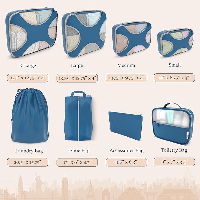 Shacke Packing Cubes for Travel 8 Set - Premium Luggage Organizer Bags - Versatile Travel Organizer for Women and Men - Optimized Packing Bags - Travel Essentials (Navy Blue)