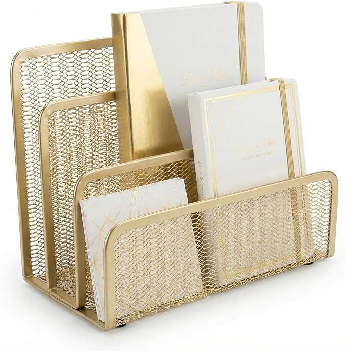 BLU MONACO | Gold Metal Mesh Mail Sorter Organizer Countertop | Paper Sorter for Desk with Three Tiers | Letter Organizer and Outgoing Mail Holder