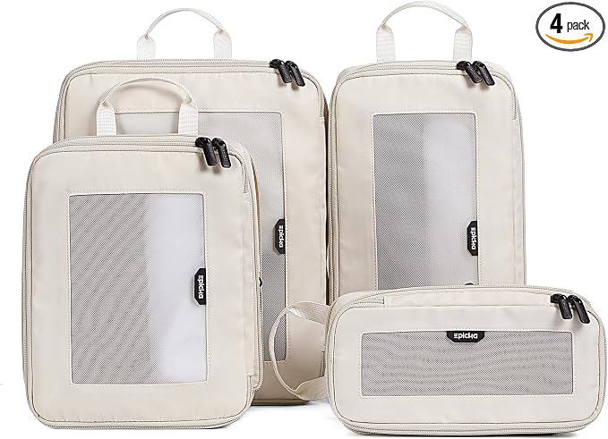 EPICKA TripCozy Compression Packing Cubes - 4 Set Durable Travel Organizer Bags with Mesh Top, Expandable Travel Accessories for Carry on, Luggage, Suitcase, Backpack (Beige)