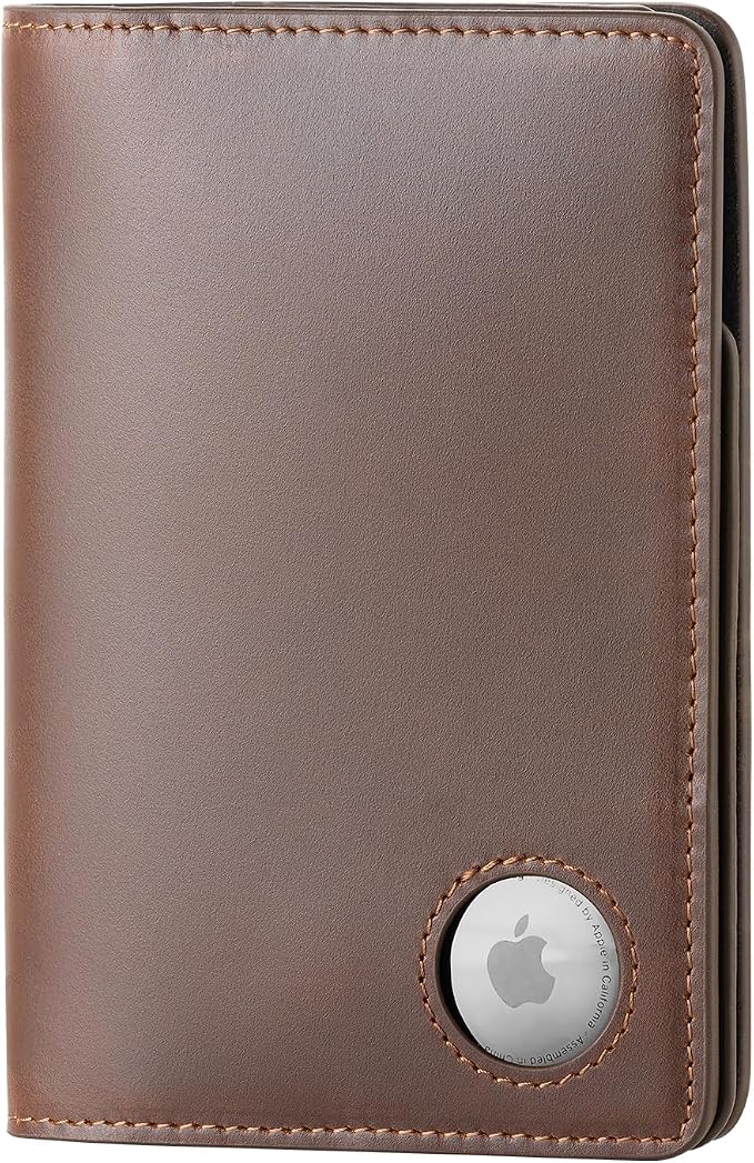 Luxury RFID Blocking Genuine Leather Passport Holder Passport Wallet for Travel (Brown AirTag Slot)
