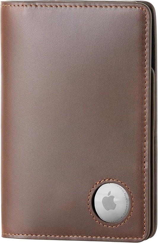 Luxury RFID Blocking Genuine Leather Passport Holder Passport Wallet for Travel (Brown AirTag Slot)